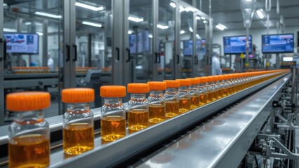 Conveyor belt with orange-capped glass vials in a pharmaceutical factory. Vaccine and medication production line