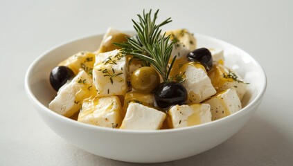 Cubes of feta with rosemary, olives, and olive oil in a white bowl on a light gray surface. Classic Greek cheese. Close-up