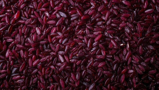 Background texture of uncooked dark purple Riceberry, a hybrid of non-glutinous purple and jasmine rice from Thailand