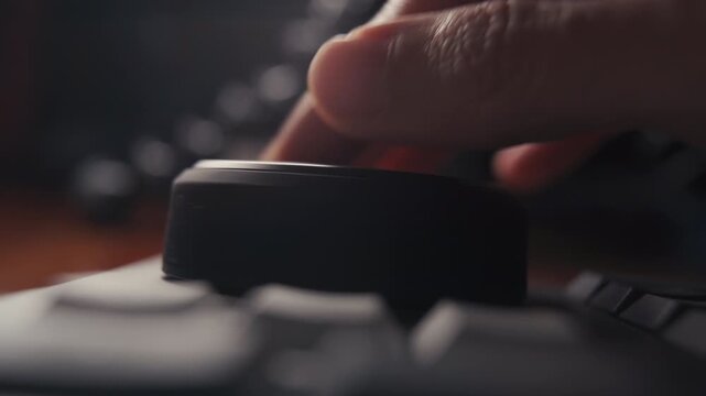 Close-Up of Editor&rsquo;s Hand Rotating a Jog Wheel on a Video Editing Console