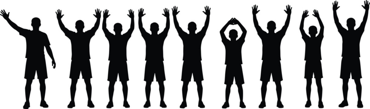 Human silhouette, raised arms, gesture poses, symbolic body movement, semaphore style, expressive figure illustration, abstract communication vector icons collection