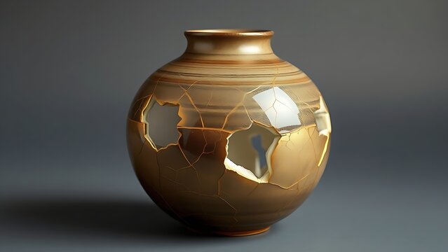 Shattered ceramic vase repaired with golden lacquer, kintsugi art on simple background. event programs, museum guides, designed for cultural heritage projects and event programs.
