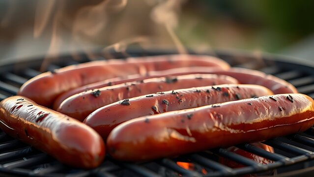 Glossy sausages on a charcoal grill with rising smoke in warm light. menu design, packaging mockups, designed for food delivery and cloud-kitchen brand materials.