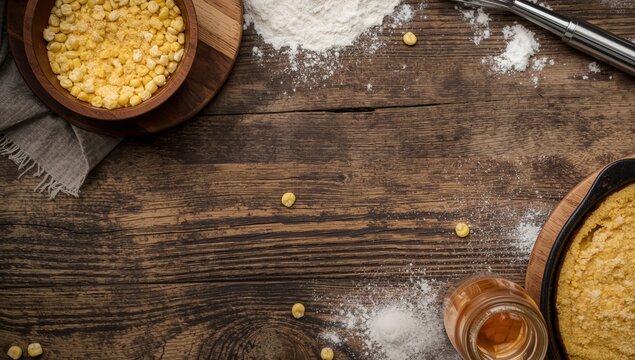 Cornbread preparation with various ingredients and a whisk on a wooden table, overhead view