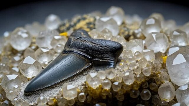 Fossilized Shark Tooth on Pebbles Closeup.