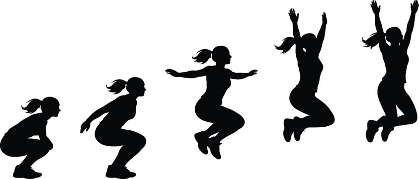 Black Silhouette Sequence of an Athletic Woman Performing a Vertical Box Jump Exercise for Fitness Training, Sport Motivation, Wellness Coaching, and Active Lifestyle Graphics
