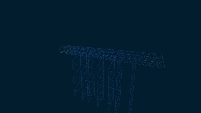 Seamless 4K loop of a midnight blueprint bridge structural truss performing a geometric build reveal. Abstract wireframe isometric CAD architecture animation for engineering and parametric design viz.