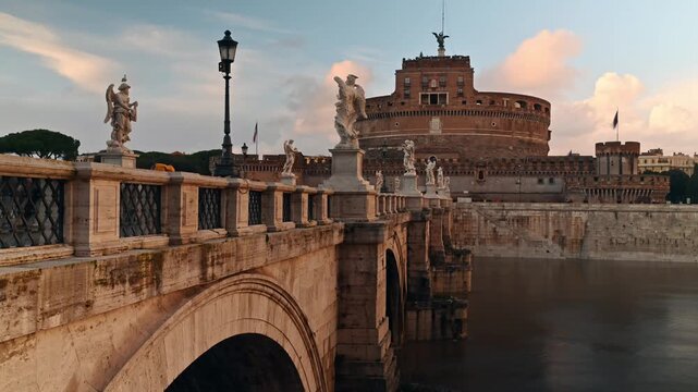 Time lapse of Sant Angelo Castelo Sunset, Rome, Italy 4K