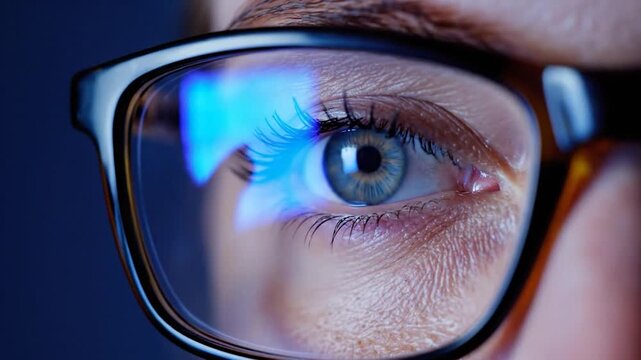 Close up of person eye wearing optical glasses with blue light reflection technology screen view concept digital vision