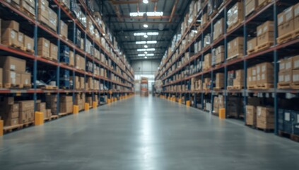 Fototapeta premium Blurred image of a contemporary warehouse interior featuring storage shelves and boxes for supply chain management