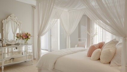 Bright bedroom featuring a white canopy bed, pink pillows, elegant vanity, artistic tree, flower bouquet, sheer drapes, calm and welcoming vibe, ideal for unwinding