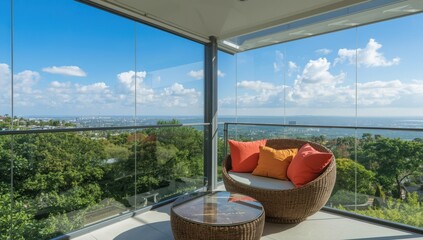 Fototapeta premium Compact covered terrace featuring a circular rattan couch, glass table, plush pillows, and expansive scenery of nature and structures