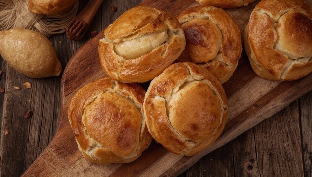 Close-up of traditional Russian potato pastries on a wooden table. Horizontal overhead view