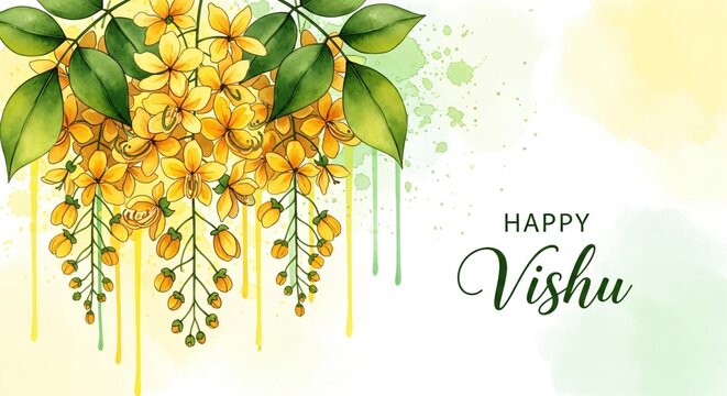 Happy vishu watercolor card illustration with golden shower flower.