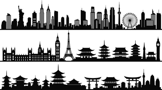 Silhouette vector illustration of three city skylines, New York, London, Paris, Asian landmarks, pagodas, global architecture, minimal design, urban artwork