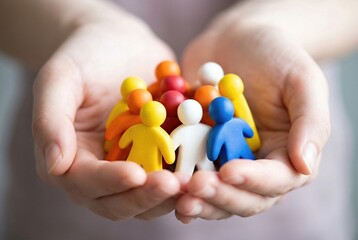 Hands holding diverse group of small colorful people figurines