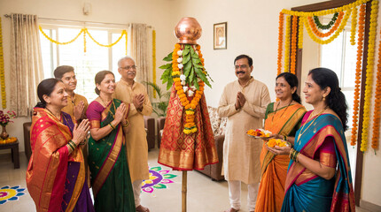 Joyful Indian Family Celebrating Gudi Padwa Festival Together