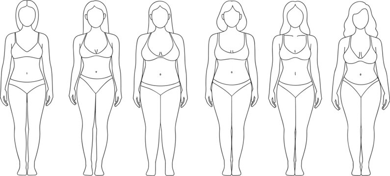 Female body types diversity flat vector illustration anatomy fashion design set