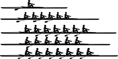 Silhouettes of rowing boats with synchronized rowers, progressive sequence, athletic teamwork, water sport illustration, fitness concept, vector design © Rounok