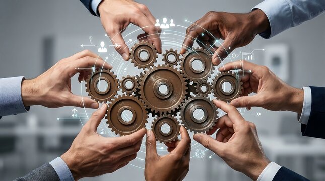 Business Teamwork and Innovation Concept with Hands Joining Over Gears and Digital Network Connections.