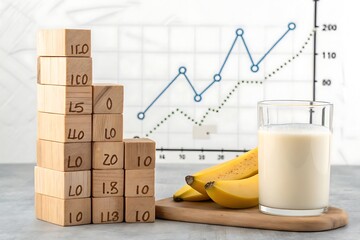 Wooden blocks stacked like a tower with milk bananas and graph background
