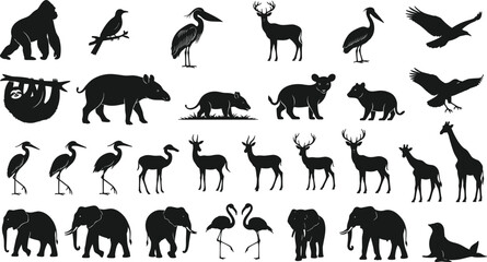 Fototapeta premium Wildlife animal silhouette vector illustration collection, diverse species including gorilla birds deer elephants giraffe seal, bold nature artwork design