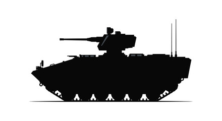 A stark black silhouette of a modern battle tank displaying its powerful form silhouette high quality © nhpvect02