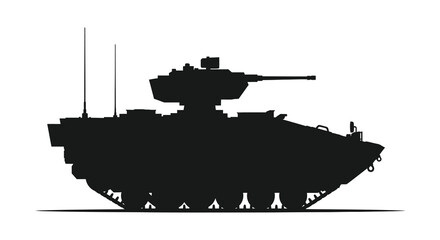 A stark black silhouette of a military tank with a prominent turret and tracked vehicle form silhouette © nhpvect02