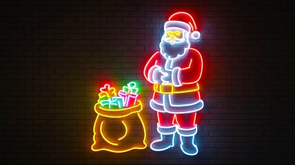 Obraz premium Glowing neon santa claus with gift bag on dark brick wall christmas decoration