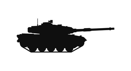 A striking black silhouette of a modern battle tank against a plain white background silhouette © nhpvect02