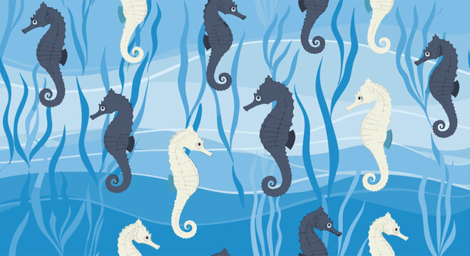 Nautical seamless pattern with dark and light seahorses swimming among blue seaweed and ocean waves for maritime and aquatic themed projects.