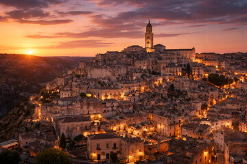 Fototapeta premium Beautiful Sunset View Of Historic Italian Hillside City At Dusk