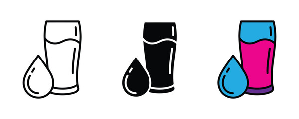 Glass of water with droplet icon set. Healthy hydration and liquid refreshment symbol. Vector Illustration.