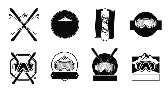 Winter sports badges and logos set featuring skis snowboards and goggles for mountain resort branding and outdoor adventure equipment shops.