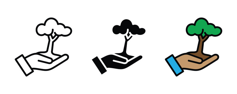 Hand holding a tree icon set. Environmental conservation and reforestation symbol. Vector Illustration.