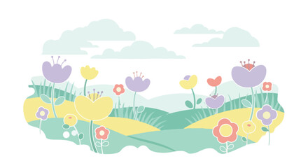 Naklejka premium Colorful flat illustration of a vibrant floral landscape with purple, yellow, and pink flowers against a white background with green hills and clouds.
