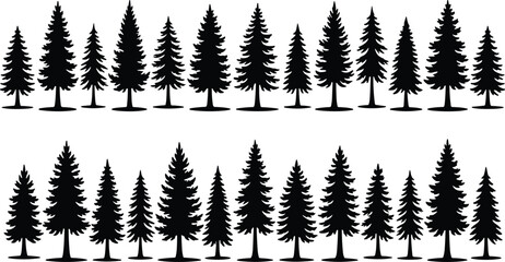 Obraz premium Black silhouette set of various evergreen pine trees and firs in two horizontal rows isolated on white background for forest landscape and nature designs