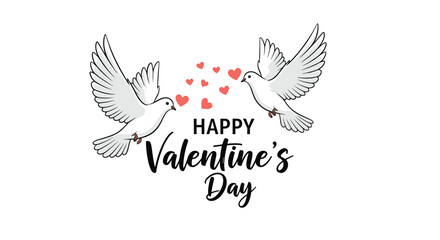 Fototapeta premium Romantic Valentine's Day scene with two graceful white doves in flight surrounded by small floating red hearts and festive typography.