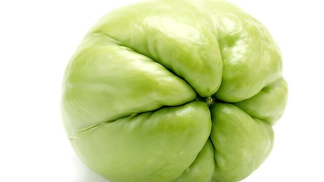 A vibrant green chayote squash is presented in a clean studio environment, expertly showcasing its unique ridged form and fresh texture. The camera smoothly rotates around this distinctive vegetable, 