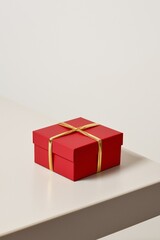 Single red shipping box wrapped with elegant gold ribbon, placed on white table surface