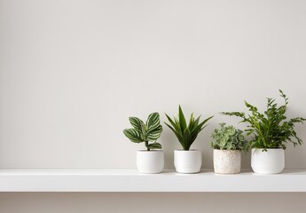 Fototapeta premium Four potted houseplants lined up on white shelf against a plain wall