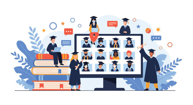 Modern graduation ceremony concept showing students in caps and gowns attending a virtual commencement on a large computer monitor.