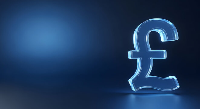 Glowing Blue Pound Sterling Currency Symbol on a Dark Reflective Background