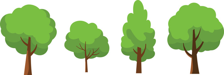 Four cartoon trees with green foliage and brown trunks on a white background Keywords: tree, cartoon, illustration, green, nature, foliage, trunk, brown, isolated, white background, simple © Creative area