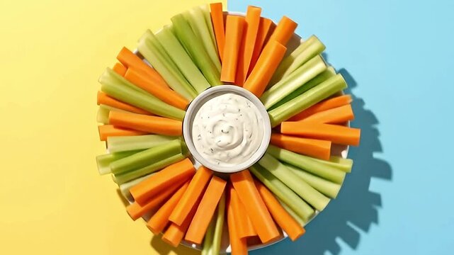 A vibrant, overhead shot showcases a beautifully arranged platter of fresh, crisp carrot and celery sticks radiating outwards from a central bowl of creamy, herbaceous dip. The colorful vegetables, in