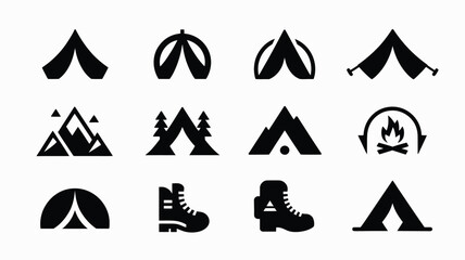 Camping icons set including tent mountain tree campfire hiking boot and outdoor adventure symbols in black silhouette on white background for travel and wilderness activities © Antu