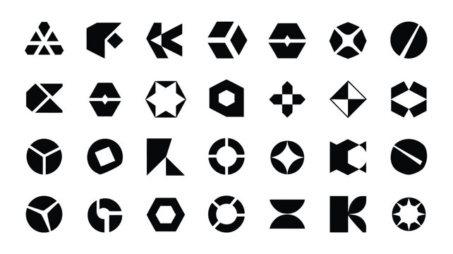 Collection of 30 black geometric shapes on white background for design and decoration