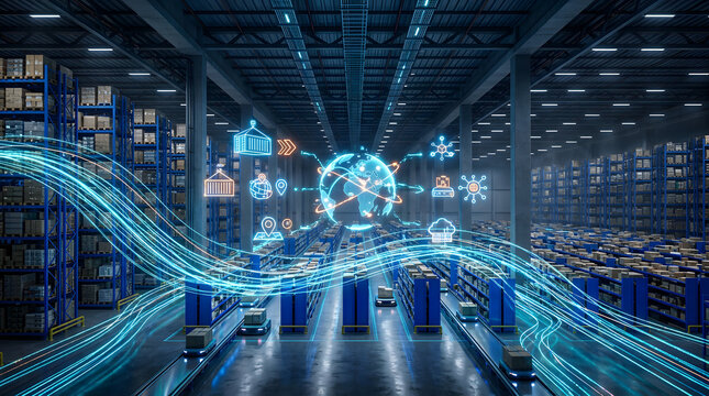 Futuristic automated warehouse displaying glowing data streams and digital icons representing intelligent logistics.