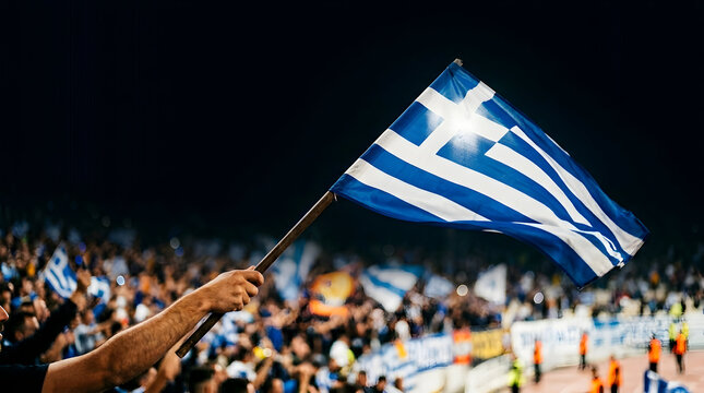 Hand waving a Greek flag above a cheering crowd in a stadium during a night sports event.