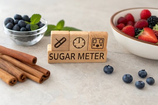 Wooden blocks sugar meter with berries and cinnamon sticks on table